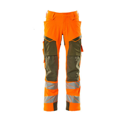 Mascot Accelerate Safe Trousers with Kneepad Pockets - Hi-Vis Orange/Moss Green   (30.5) (Leg Length - Short)