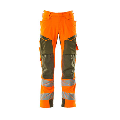 Mascot Accelerate Safe Trousers with Kneepad Pockets - Hi-Vis Orange/Moss Green   (32.5) (Leg Length - Short)