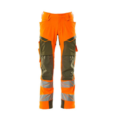 Mascot Accelerate Safe Trousers with Kneepad Pockets - Hi-Vis Orange/Moss Green   (33.5) (Leg Length - Long)