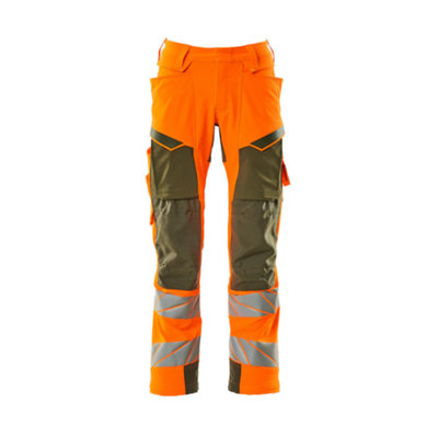 Mascot Accelerate Safe Trousers with Kneepad Pockets - Hi-Vis Orange/Moss Green   (35.5) (Leg Length - Short)