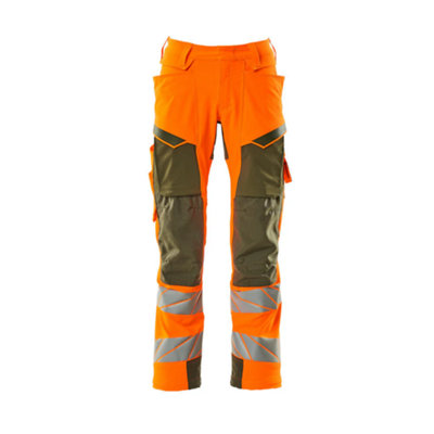 Mascot Accelerate Safe Trousers with Kneepad Pockets - Hi-Vis Orange/Moss Green   (36.5) (Leg Length - Long)
