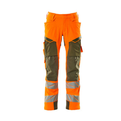 Mascot Accelerate Safe Trousers with Kneepad Pockets - Hi-Vis Orange/Moss Green   (44.5) (Leg Length - Long)