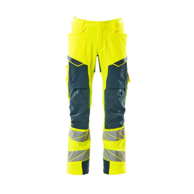 Mascot Accelerate Safe Trousers with Kneepad Pockets - Hi-Vis Yellow/Dark Petroleum   (40.5) (Leg Length - Regular)