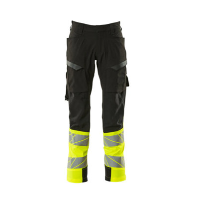 Mascot Accelerate Safe Ultimate Stretch Trousers with Thigh Pockets - Black/Hi-Vis Yellow   (31.5) (Leg Length - Short)