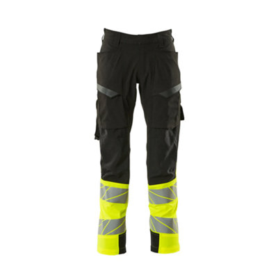 Mascot Accelerate Safe Ultimate Stretch Trousers with Thigh Pockets - Black/Hi-Vis Yellow   (48.5) (Leg Length - Regular)