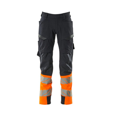 Mascot Accelerate Safe Ultimate Stretch Trousers with Thigh Pockets - Dark Navy/Hi-Vis Orange   (35.5) (Leg Length - Long)