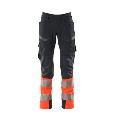 Mascot Accelerate Safe Ultimate Stretch Trousers with Thigh Pockets - Dark Navy/Hi-Vis Red   (31.5) (Leg Length - Regular)