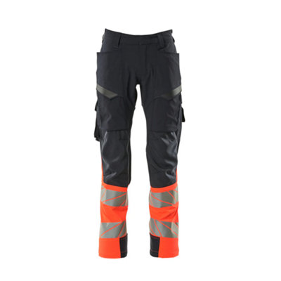 Mascot Accelerate Safe Ultimate Stretch Trousers with Thigh Pockets - Dark Navy/Hi-Vis Red   (38.5) (Leg Length - Regular)