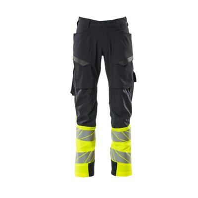 Mascot Accelerate Safe Ultimate Stretch Trousers with Thigh Pockets - Dark Navy/Hi-Vis Yellow   (48.5) (Leg Length - Regular)