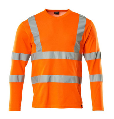 Mascot Safe Classic Long-Sleeved V-Neck T-Shirt (Hi-Vis Orange)  (X Large)