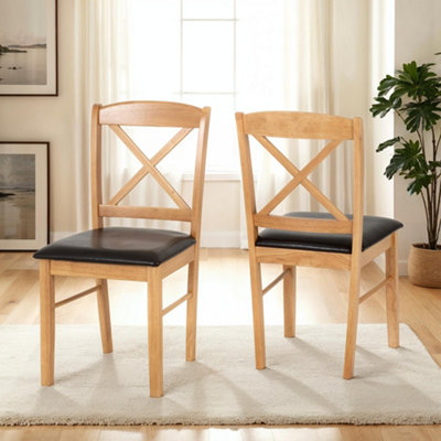 Mason Dining Chair Pair in Oak Varnish and Brown Faux Leather