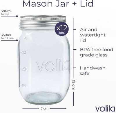 Mason Jar - 12 Pack Leakproof Mason Jars with Lids 500ml for Overnight Oats Jar with Lids Labels, Pen and Sponge Included