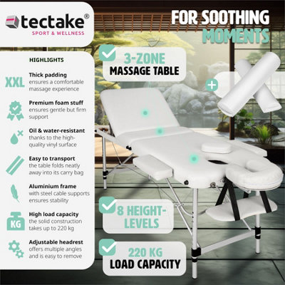 Massage table 3 zone with carry back and bolsters - white