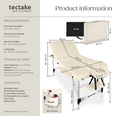 Massage Table Ko Tao - 3 zones, 78cm wide, aluminium frame, folding, carry bag  -   -  beige