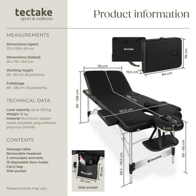 Massage Table Ko Tao - 3 zones, 78cm wide, aluminium frame, folding, carry bag  -   -  black