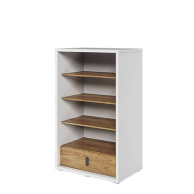 Massi Kid-Friendly Bookcase in Natural Hickory & Alpine White - 1410mm x 850mm x 410mm with Drawer & Shelves