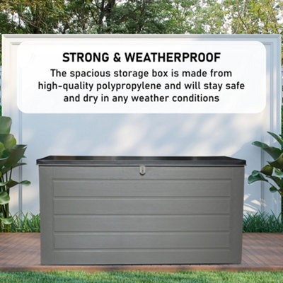 MASSIVE Capacity Outdoor Garden Storage Box Plastic Shed - Weatherproof & Sit On with Wood Effect Chest (680L, Anthracite)