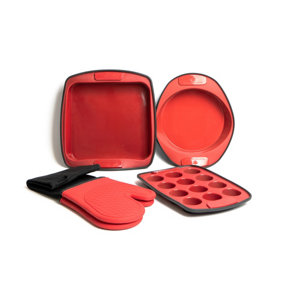 MasterClass 4 Piece Silicone Bakeware Set, Including Square Bake Pan, Loaf Pan, Twelve Hole Pan and Double Oven Glove