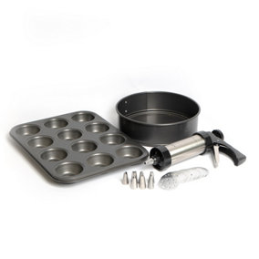 MasterClass Baking Bundle, Includes 23cm Cake Tin and 12 Hole Tin, Biscuit Press and Icing Set with Nozzles and Thirteen Cutters