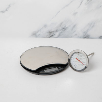 MasterClass Digital 5kg Round Platform Scales with MasterClass Deluxe Stainless Steel Large Meat Thermometer