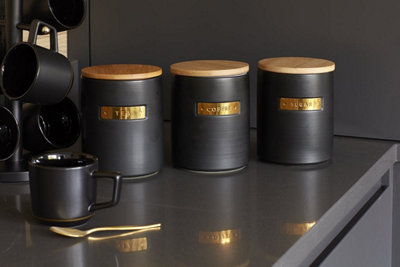 MasterClass Stoneware and Brass Effect Tea Caddy with Airtight Bamboo Lid