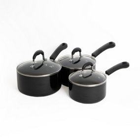 MasterClass Three-Piece Heavy Duty Non-Stick Saucepan Set, Includes 16cm, 18cm and 20cm Saucepans with Lids