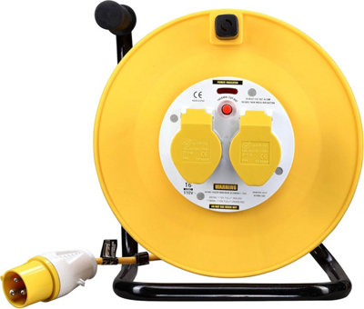 Masterplug 110V Site Power Cable Reel 25m Yellow 2 Socket Extension ...