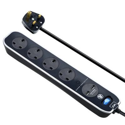 Masterplug Black Extension Lead with 4 Sockets and 2 USB Ports - Surge ...