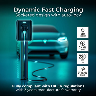 Masterplug Socketed Type 2 Smart EV Wall Charger Mode 3 Black 7.4kW