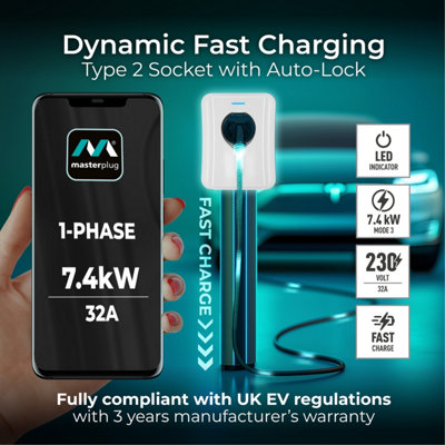 Masterplug Socketed Type 2 Smart EV Wall Charger Mode 3 White 7.4kW