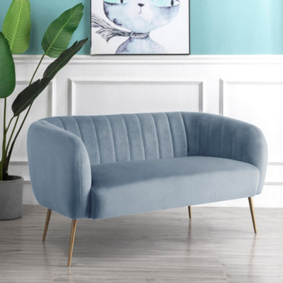 Matilda 137cm Wide Light Blue Ruched Back Velvet 2 Seat Sofa with Brass Coloured Steel Legs