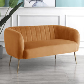 Matilda 137cm Wide Orange Ruched Back Velvet 2 Seat Sofa with Brass Coloured Steel Legs
