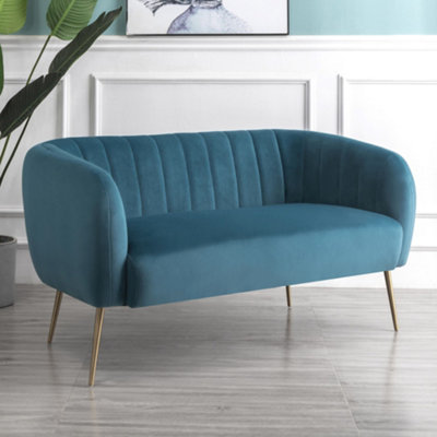 Matilda 137cm Wide Teal Ruched Back Velvet 2 Seat Sofa with Brass Coloured Steel Legs