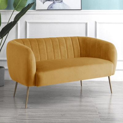 Matilda 137cm Wide Yellow Ruched Back Velvet 2 Seat Sofa with Brass Coloured Steel Legs