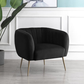 Matilda 84cm Wide Black Ruched Back Velvet Accent Chair with Brass Coloured Steel Legs