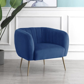 Matilda 84cm Wide Blue Ruched Back Velvet Accent Chair with Brass Coloured Steel Legs