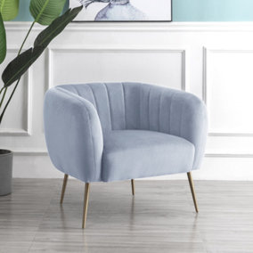 Matilda 84cm Wide Light Blue Ruched Back Velvet Accent Chair with Brass Coloured Steel Legs