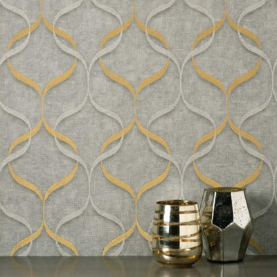 Matrix Ogee Wave Wallpaper Yellow Grey Trellis Textured Heavyweight Vinyl