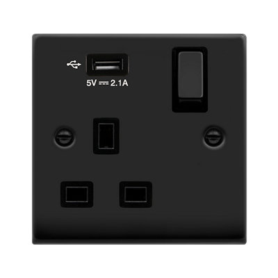 Matt Black 1 Gang 13A DP Ingot 1 USB Switched Plug Socket - Black Trim - SE Home