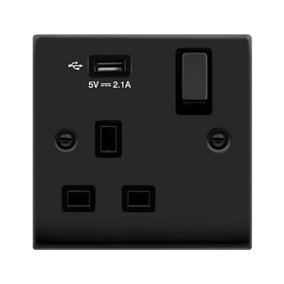 Matt Black 1 Gang 13A DP Ingot 1 USB Switched Plug Socket - Black Trim - SE Home