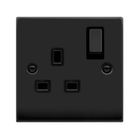 Matt Black 1 Gang 13A DP Ingot Switched Plug Socket - Black Trim - SE Home
