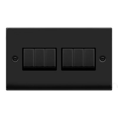 Matt Black 10A 6 Gang 2 Way Ingot Light Switch - Black Trim - SE Home