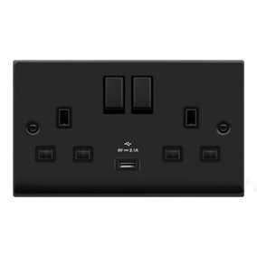 Matt Black 2 Gang 13A DP Ingot 1 USB Twin Double Switched Plug Socket - Black Trim - SE Home