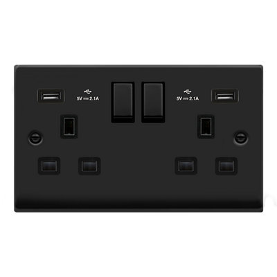 Matt Black 2 Gang 13A DP Ingot 2 USB Twin Double Switched Plug Socket - Black Trim - SE Home