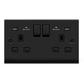 Matt Black 2 Gang 13A DP Ingot 2 USB Twin Double Switched Plug Socket - Black Trim - SE Home