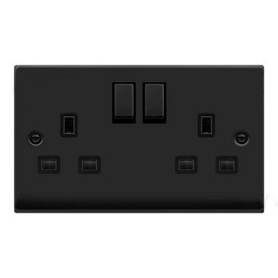 Matt Black 2 Gang 13A DP Ingot Twin Double Switched Plug Socket - Black Trim - SE Home