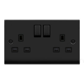 Matt Black 2 Gang 13A DP Ingot Twin Double Switched Plug Socket - Black Trim - SE Home