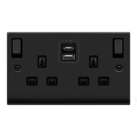 Matt Black 2 Gang 13A DP Ingot Type A & C USB Twin Double Switched Plug Socket - Black Trim - SE Home