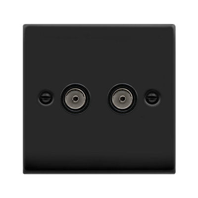 Matt Black 2 Gang Twin Coaxial TV Socket - Black Trim - SE Home