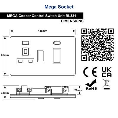 Matt Black 45A Cooker Control Switch Unit with 13A Socket Neon ...